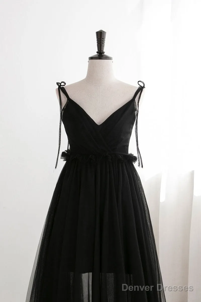 A-Line Black Tulle Long Prom Dresses, Black Formal Evening Dresses