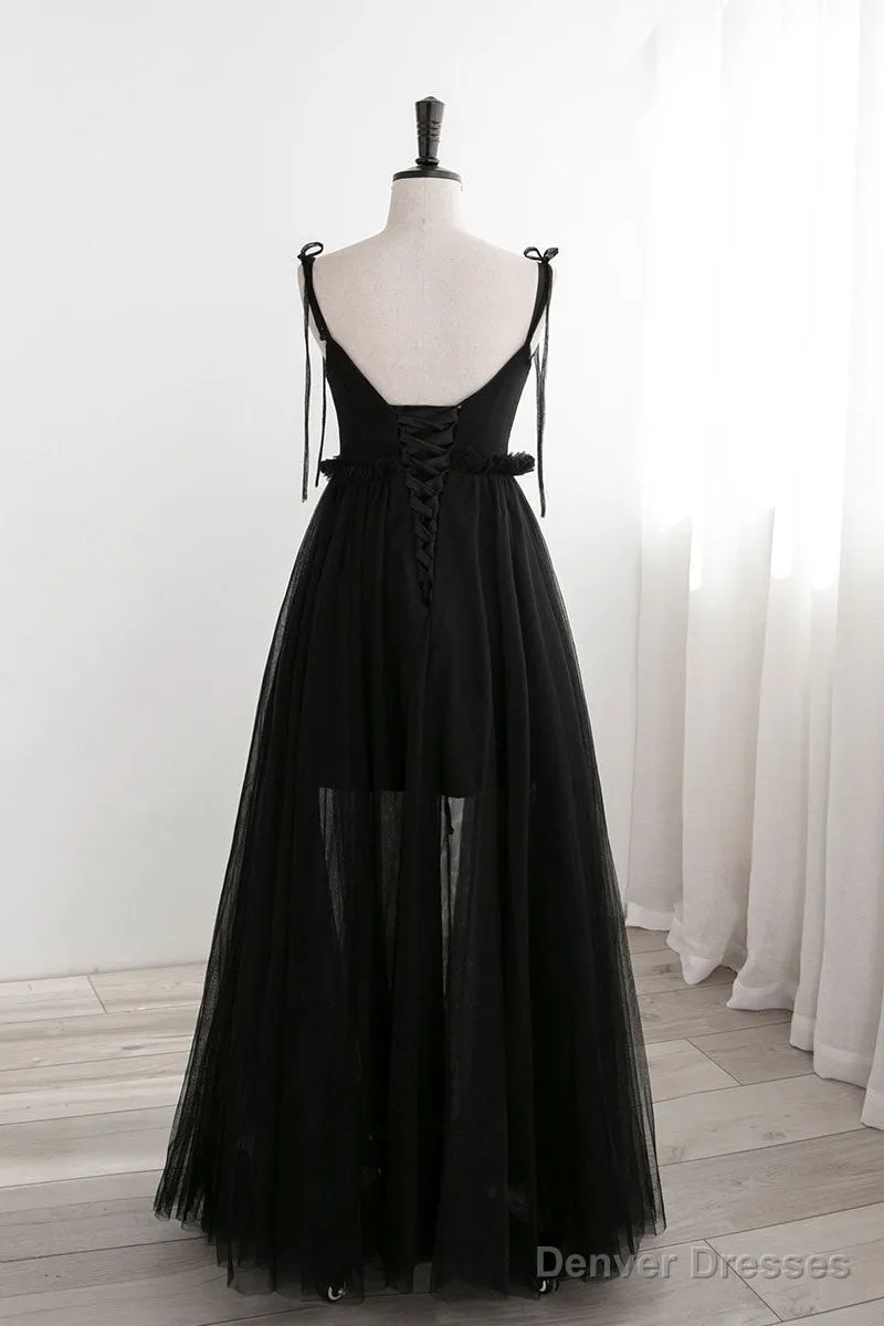 A-Line Black Tulle Long Prom Dresses, Black Formal Evening Dresses