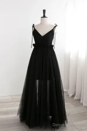 A-Line Black Tulle Long Prom Dresses, Black Formal Evening Dresses