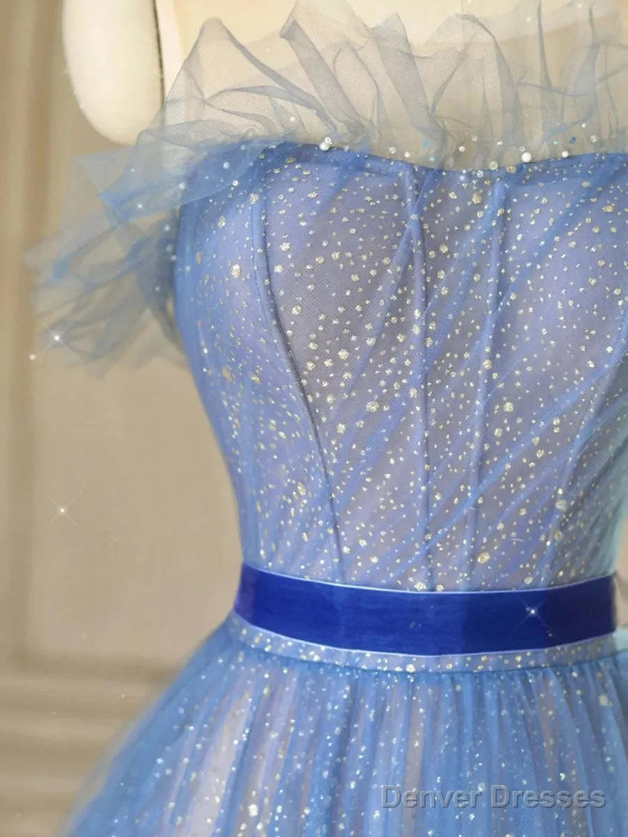 A-Line Tulle Blue Long Prom Dresses, Blue Tulle Formal Dresses