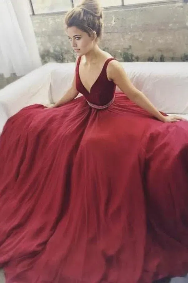 A-line V-neck Beaded Long Prom Dresses Formal Dresses