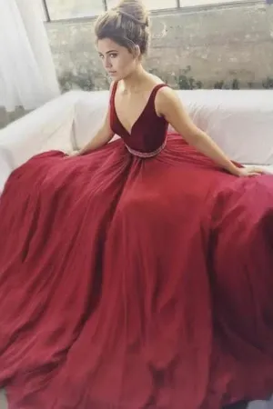 A-line V-neck Beaded Long Prom Dresses Formal Dresses