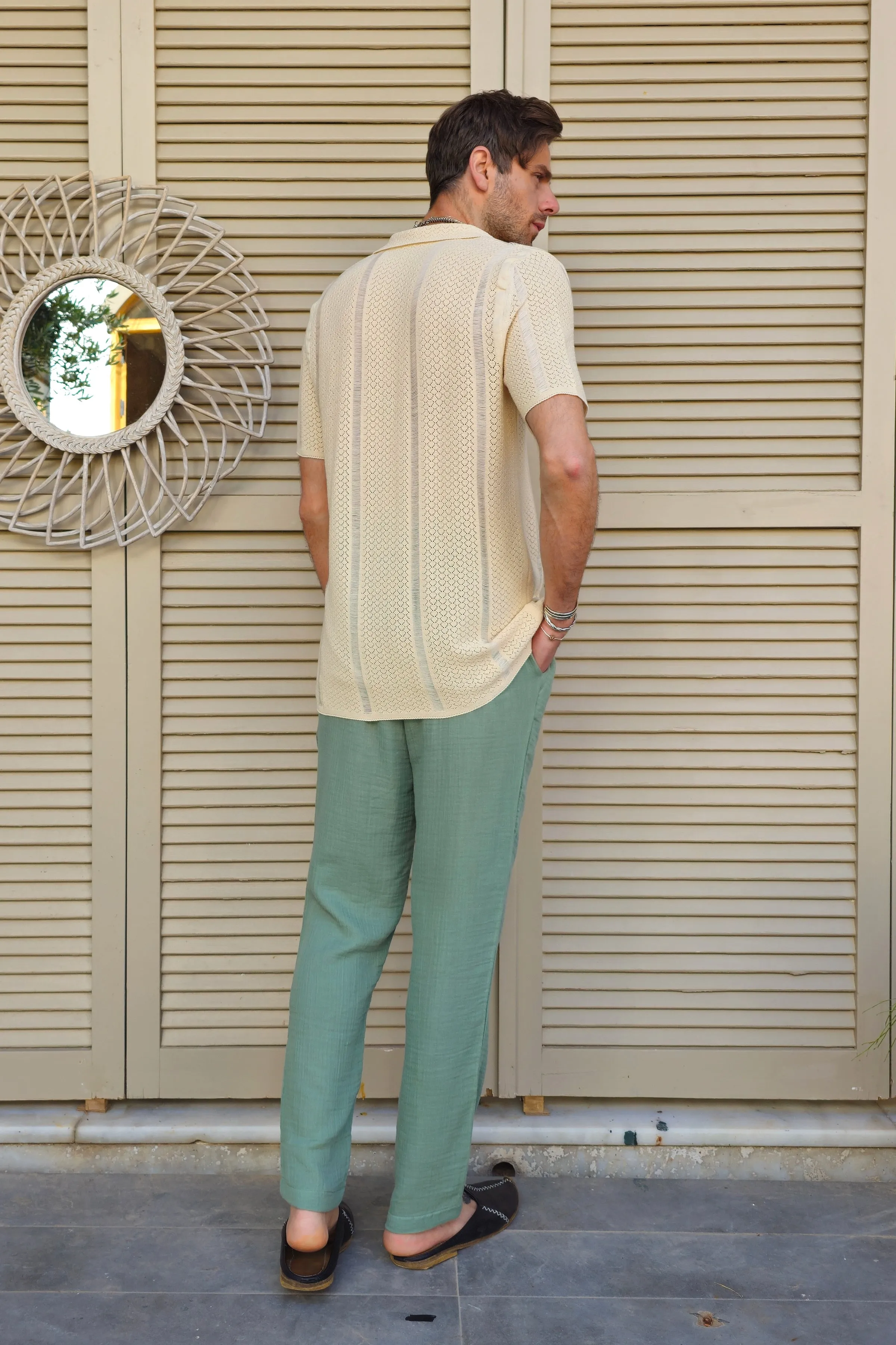 AEGEUS Open Knit Johnny Collar Shirt