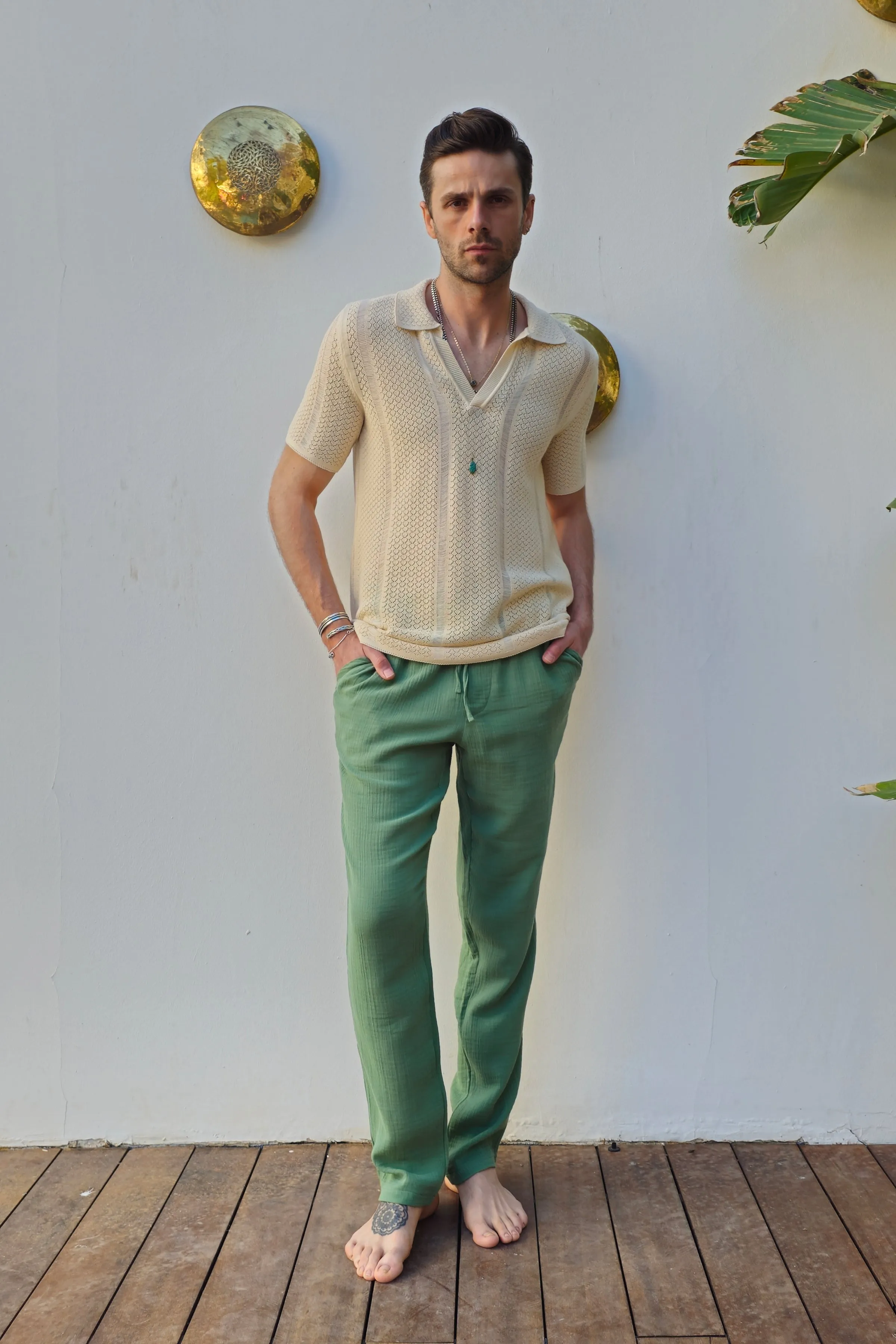 AEGEUS Open Knit Johnny Collar Shirt