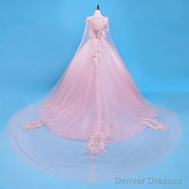 Beautiful Pink Flowers Long Formal Dresses, Pink Sweet 16 Gown Party Dresses