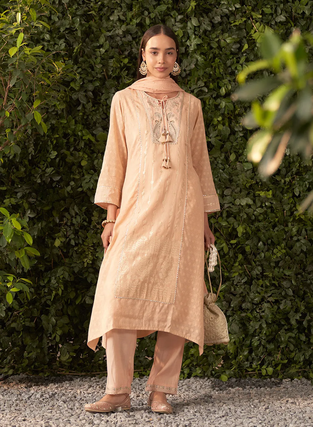 Blossom Coral Peach embroidered Chanderi Salwar Kurta Set with Dupatta