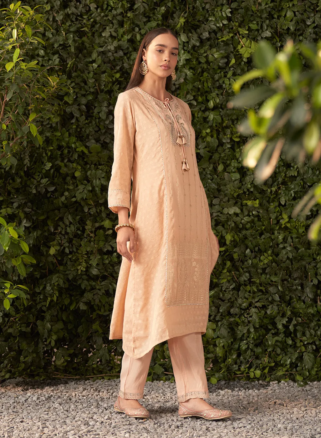 Blossom Coral Peach embroidered Chanderi Salwar Kurta Set with Dupatta