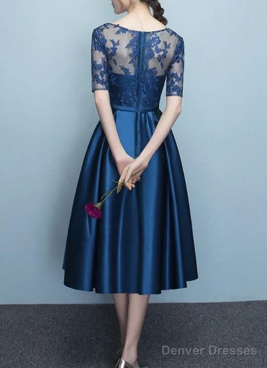 Blue Short Sleeves Tea Length Formal Dress, Blue Bridesmaid Dresses, Wedding Party Dresses