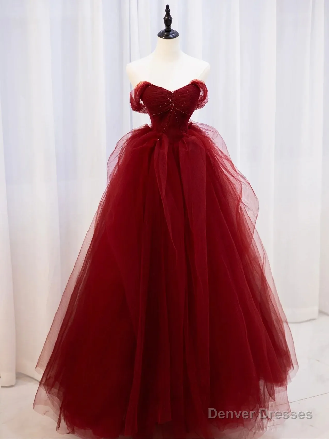 Burgundy Off Shoulder Tulle Lace Long Prom Dresses, Burgundy Formal Graduation Dresses