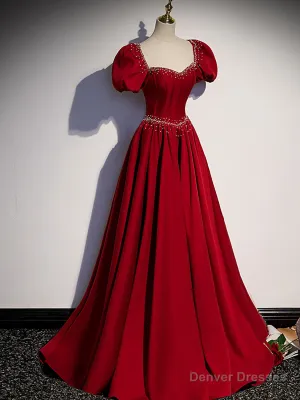 Burgundy Satin Beads Long Prom Dresses, Burgundy Long Formal Dresses