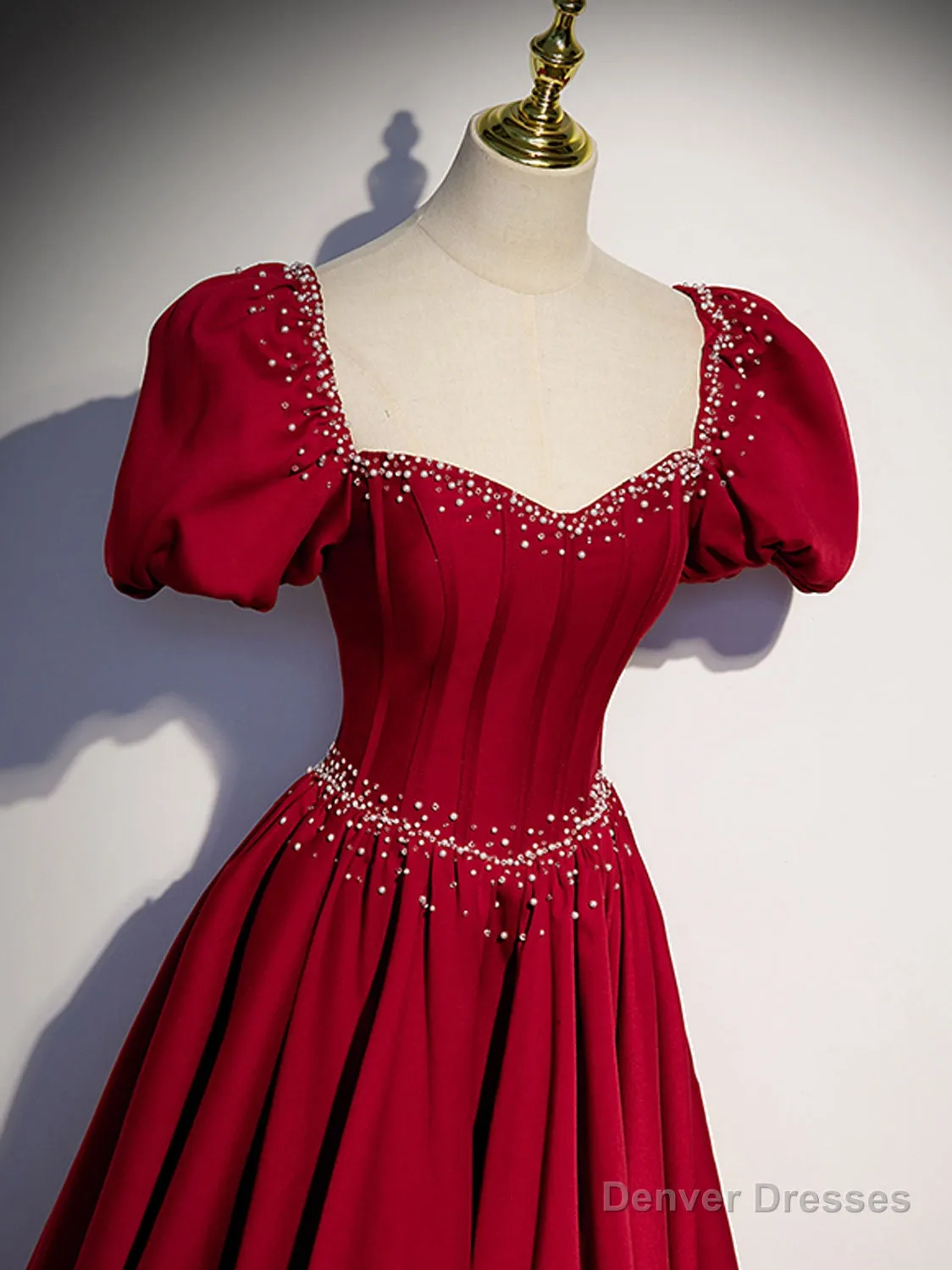 Burgundy Satin Beads Long Prom Dresses, Burgundy Long Formal Dresses