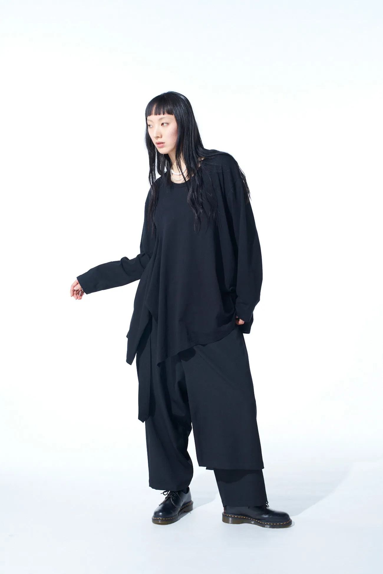 COTTON JERSEY FABRIC SWITCH L/S DRAPED T-SHIRT