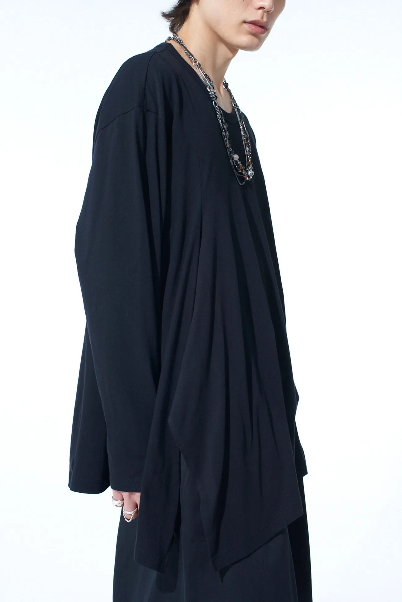 COTTON JERSEY FABRIC SWITCH L/S DRAPED T-SHIRT