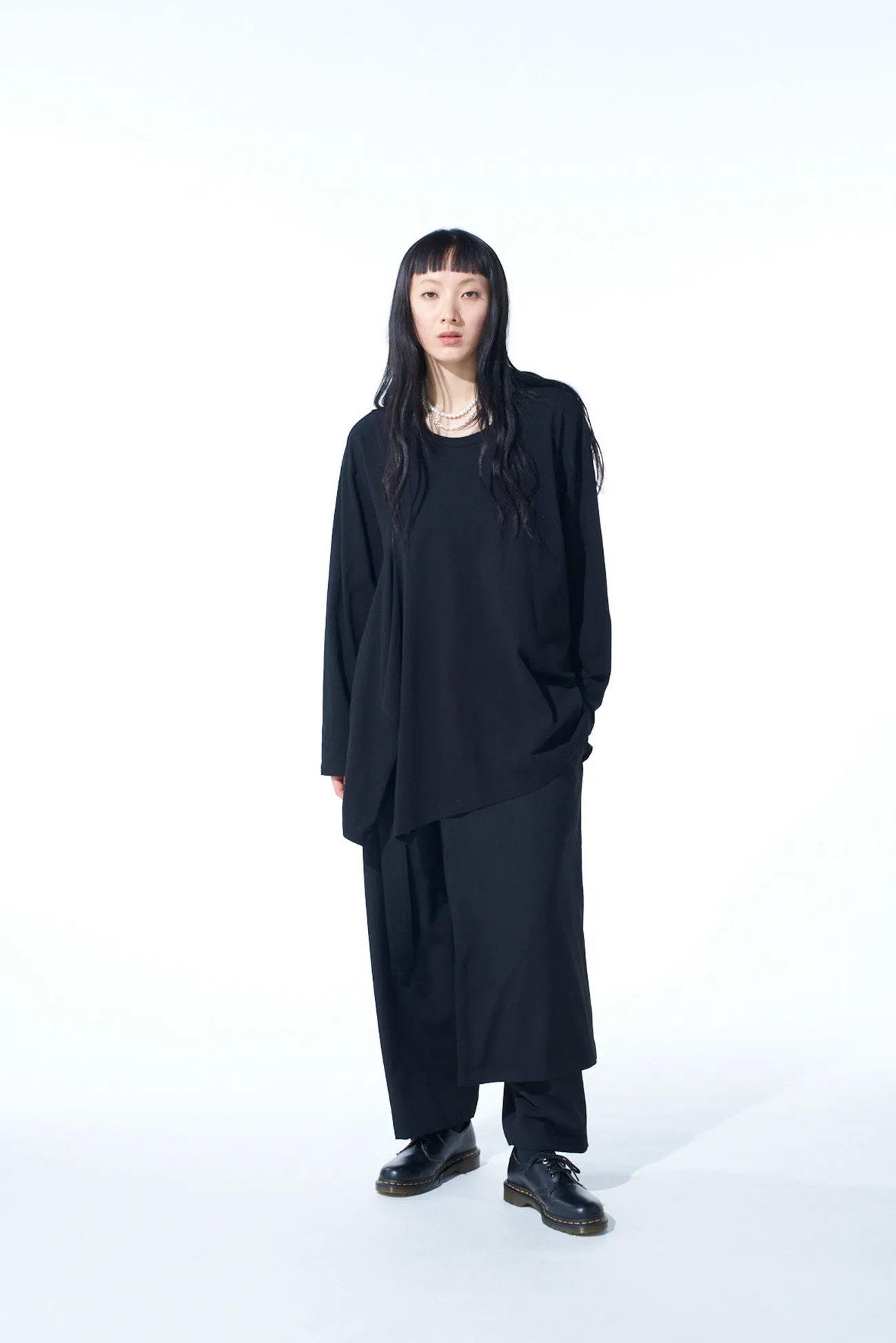 COTTON JERSEY FABRIC SWITCH L/S DRAPED T-SHIRT
