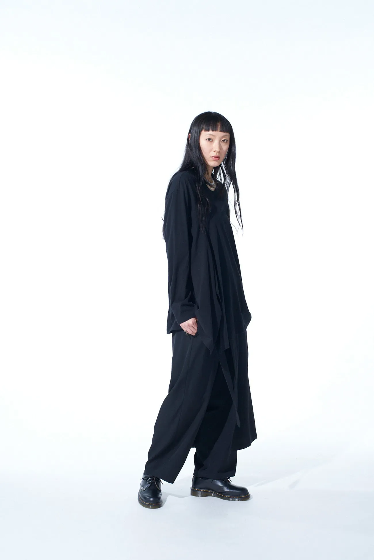 COTTON JERSEY FABRIC SWITCH L/S DRAPED T-SHIRT