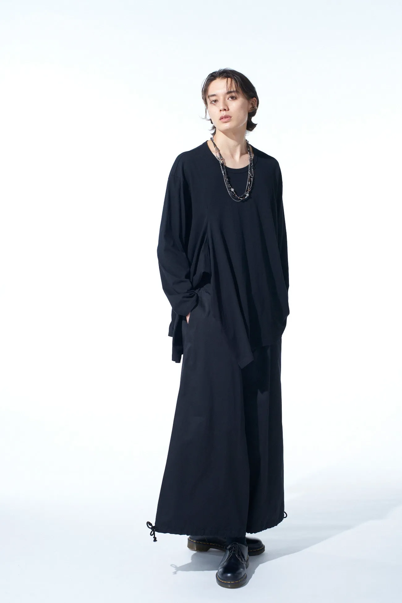 COTTON JERSEY FABRIC SWITCH L/S DRAPED T-SHIRT