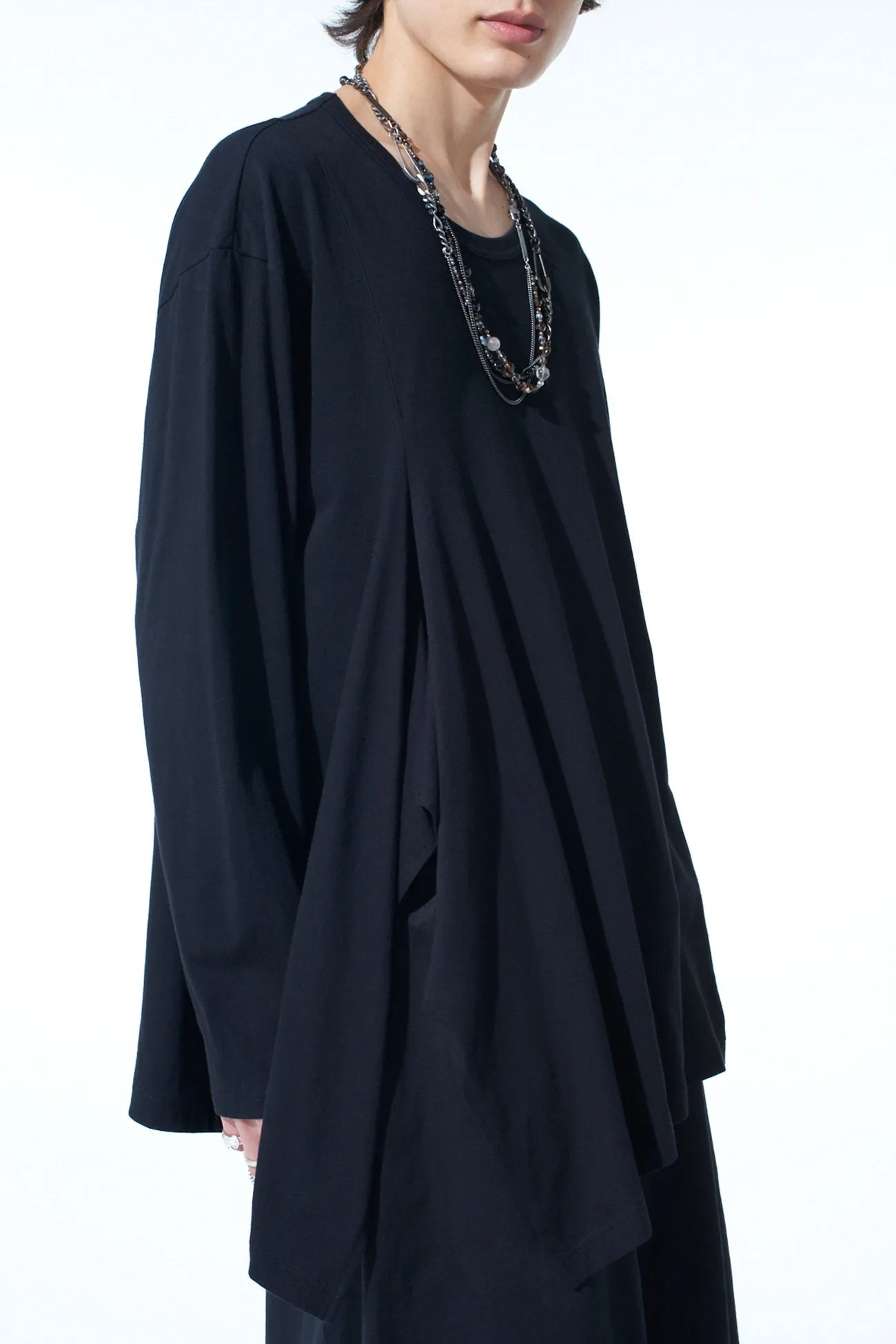 COTTON JERSEY FABRIC SWITCH L/S DRAPED T-SHIRT