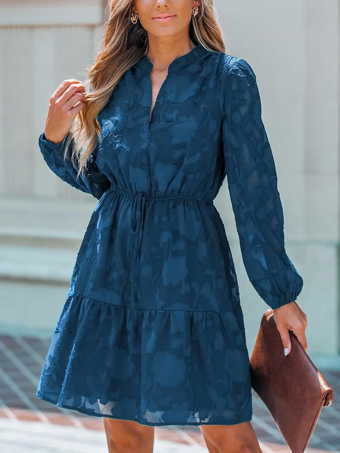 CUPSHE Women Ruffle Lace Mini Fall Dresses Semi Formal Wedding Guest Dress V Neck Long Peasant Sleeve Elastic Waist Tie