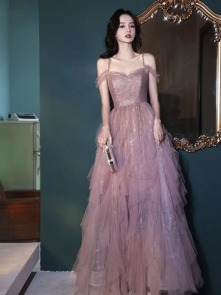 Cute Pink Fairy Long Dress Long Evening Dress Spaghetti Strap Formal Gown 170