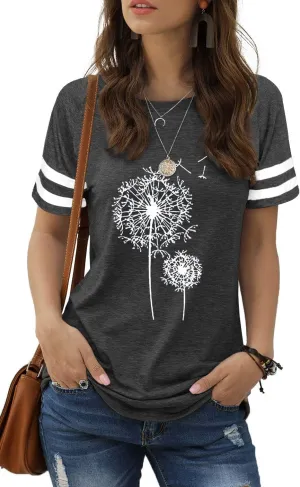 Dandelion Shirt for Women Funny Vintage Boho Flower Graphic Shirt Casual Wildflower Botanical Summer Tee Tops