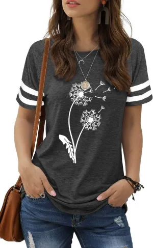Dandelion Shirt for Women Funny Vintage Boho Flower Graphic Shirt Casual Wildflower Botanical Summer Tee Tops