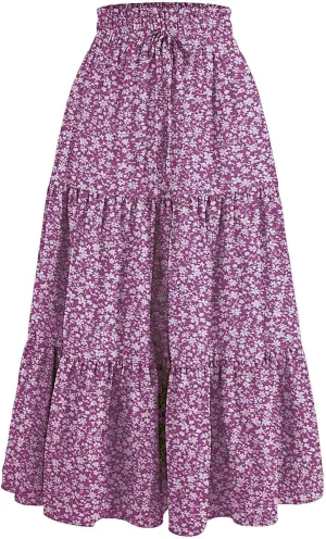 Floral Maxi Skirt for Women Summer Casual Tiered Elastic High Waisted Skirts Comfy Vacation Flowy Swing Long Skirts