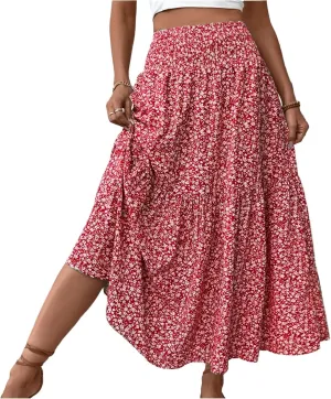 Floral Maxi Skirts for Women Trendy Summer High Waisted Long Skirts Elastic Waist Boho Beach A Line Skirt Cover Up