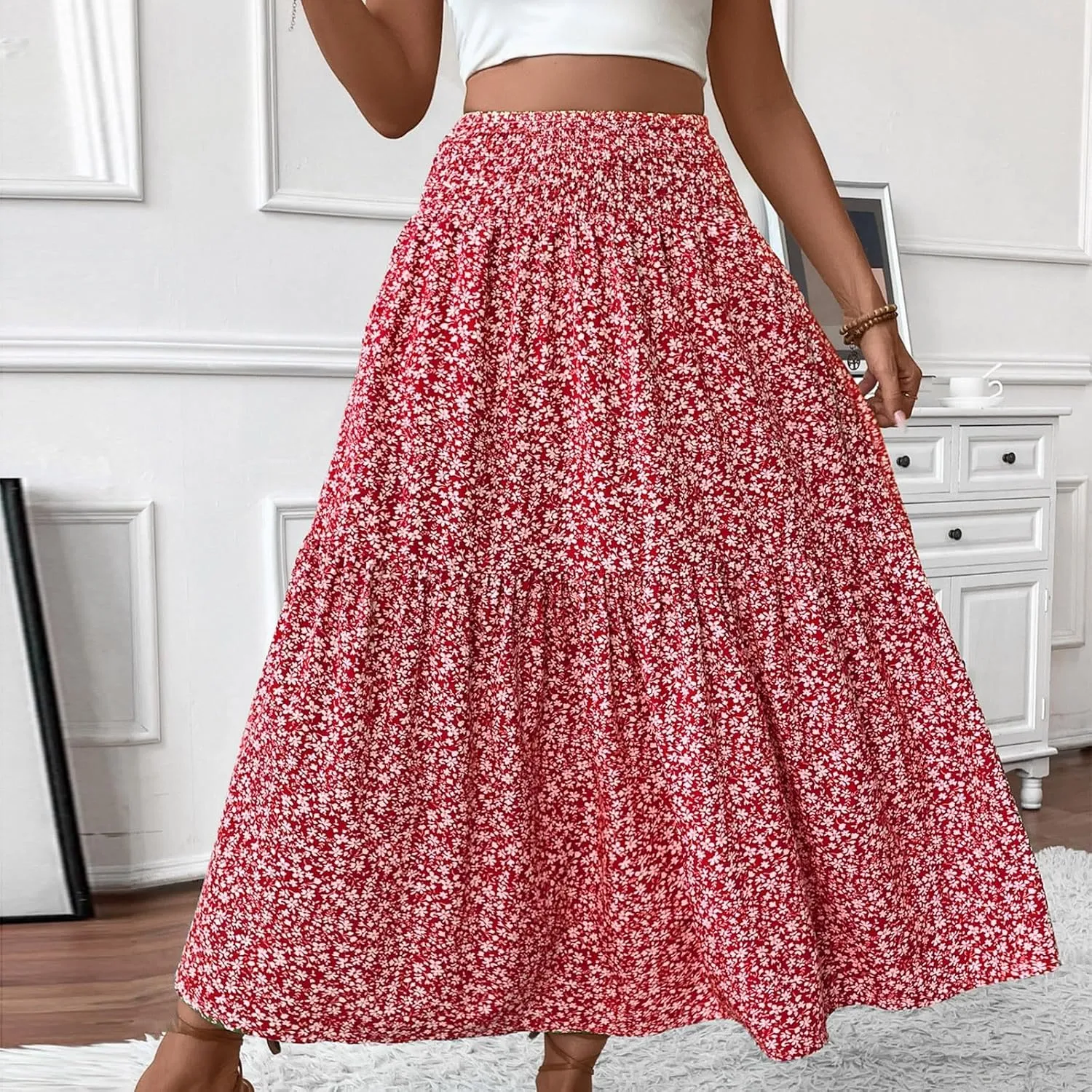 Floral Maxi Skirts for Women Trendy Summer High Waisted Long Skirts Elastic Waist Boho Beach A Line Skirt Cover Up