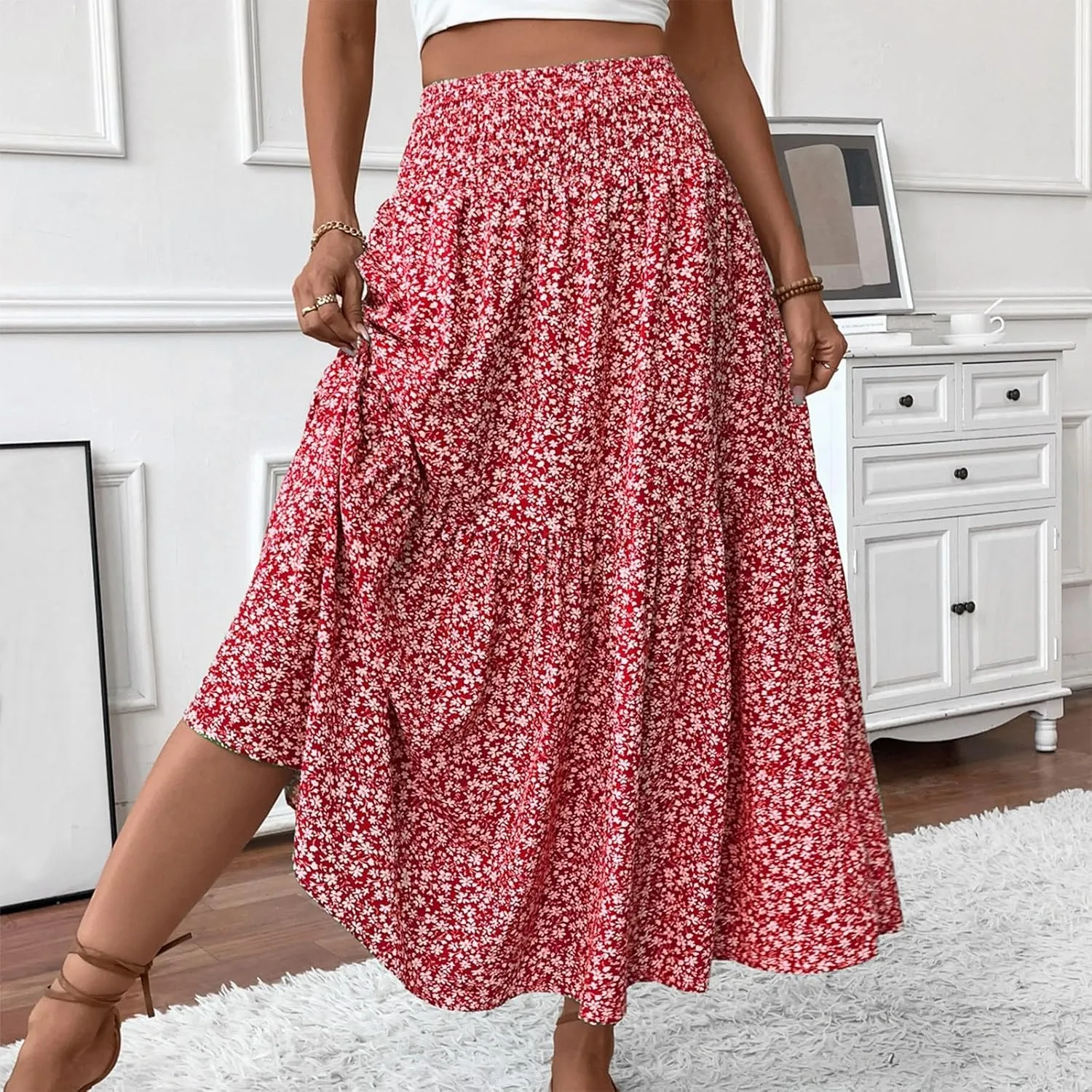Floral Maxi Skirts for Women Trendy Summer High Waisted Long Skirts Elastic Waist Boho Beach A Line Skirt Cover Up