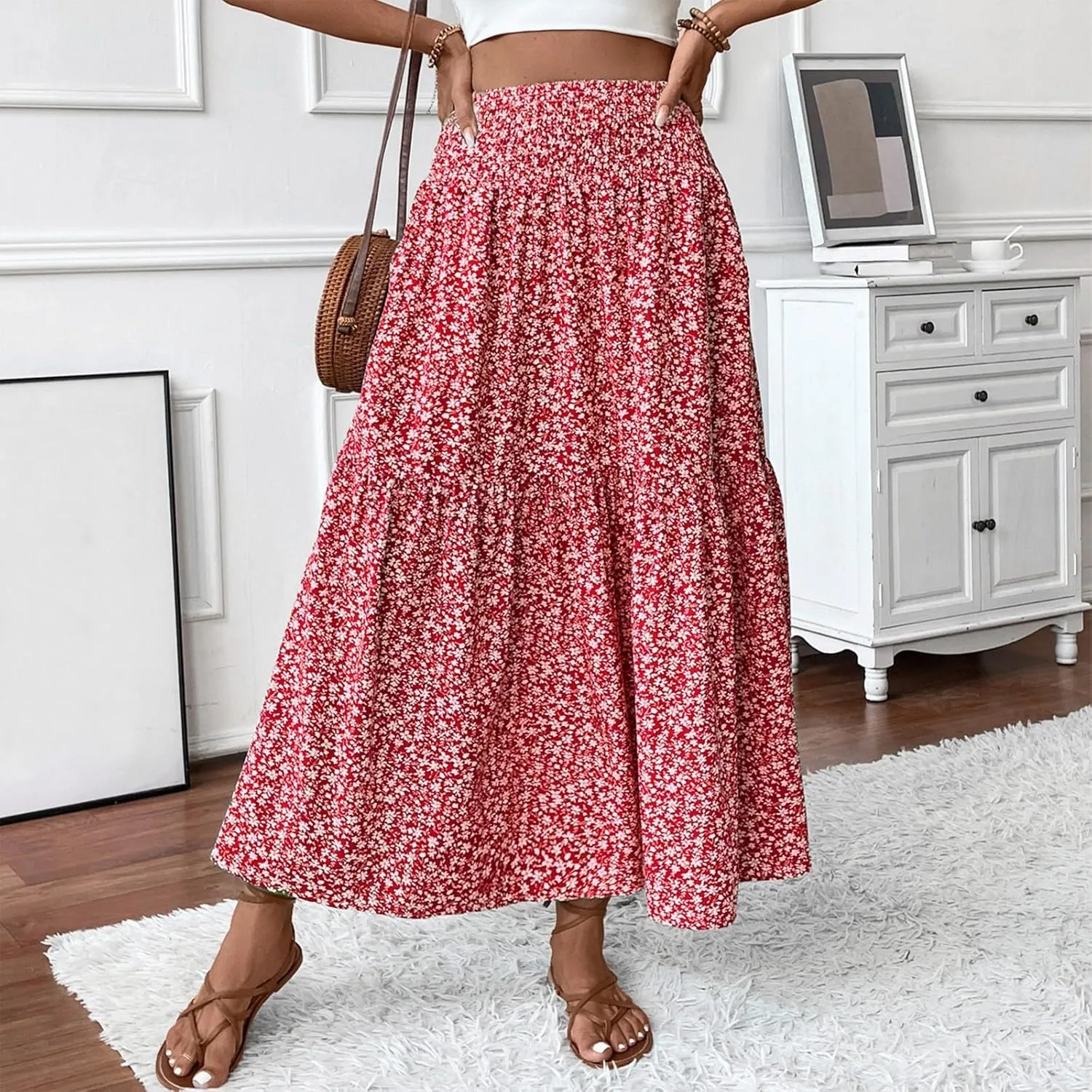 Floral Maxi Skirts for Women Trendy Summer High Waisted Long Skirts Elastic Waist Boho Beach A Line Skirt Cover Up