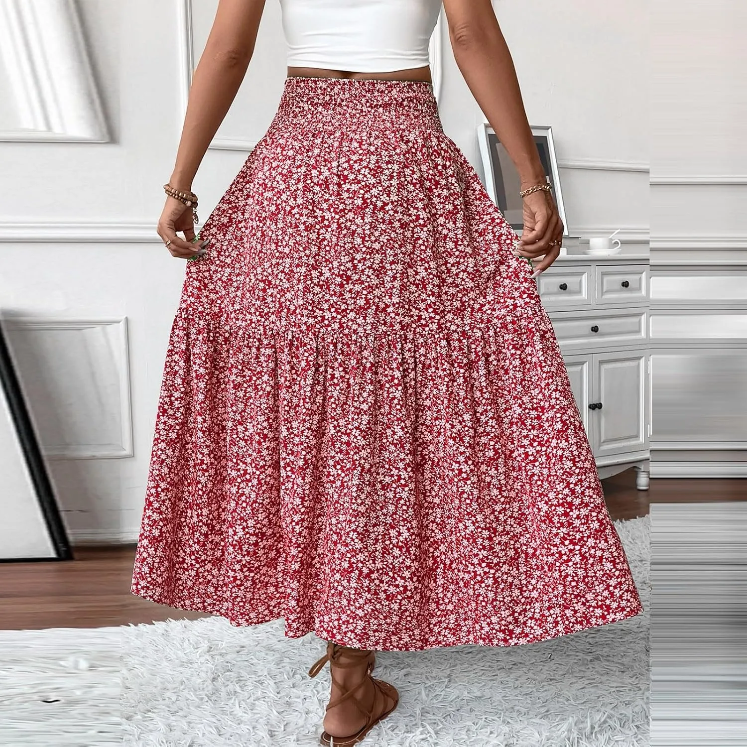 Floral Maxi Skirts for Women Trendy Summer High Waisted Long Skirts Elastic Waist Boho Beach A Line Skirt Cover Up