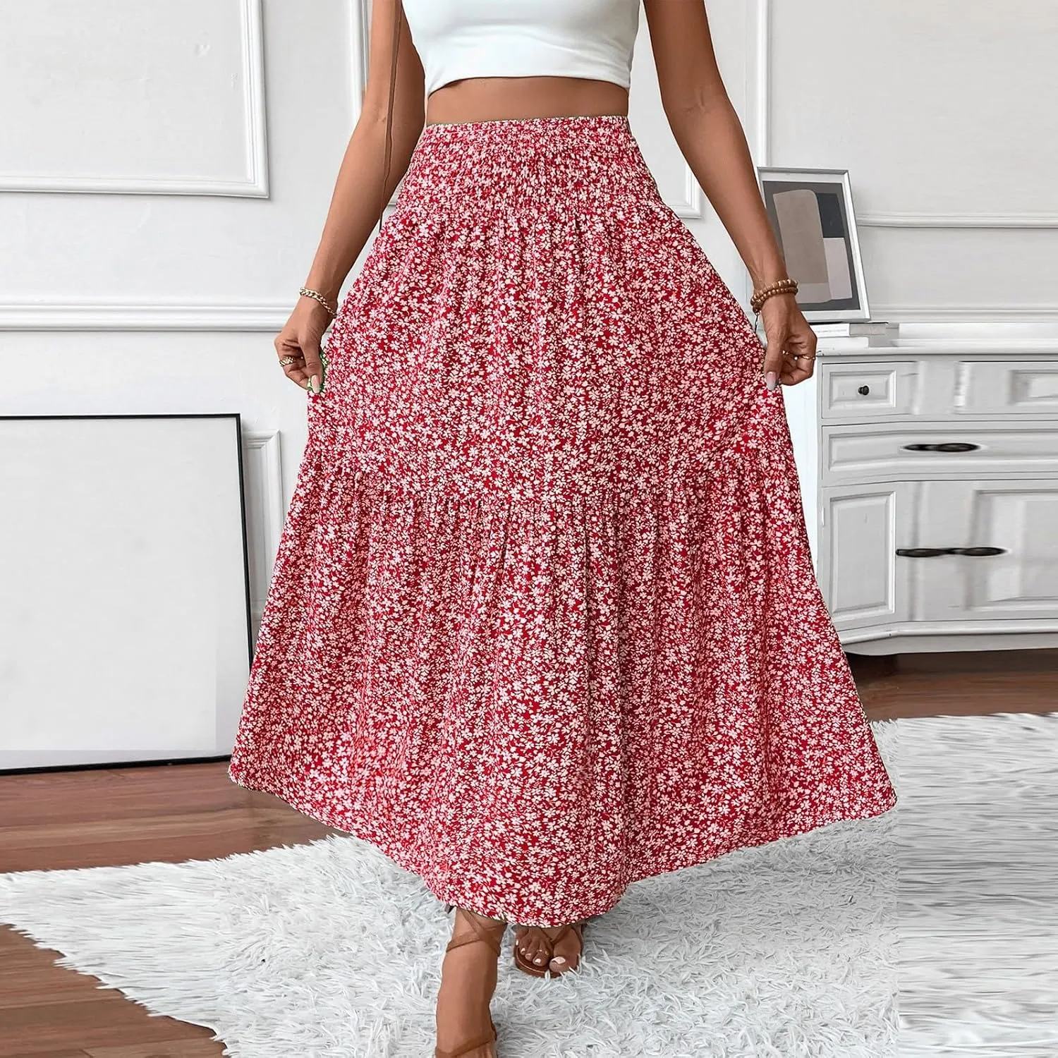 Floral Maxi Skirts for Women Trendy Summer High Waisted Long Skirts Elastic Waist Boho Beach A Line Skirt Cover Up