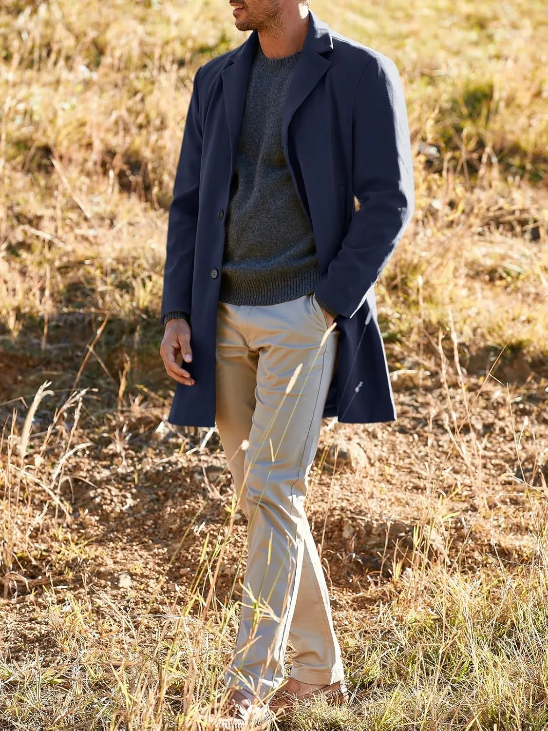 Gafeng Men's Trench Coat Slim Fit Notch Lapel Single Breasted Top Coat Winter Warm Cotton Business Long Jacket Overcoat