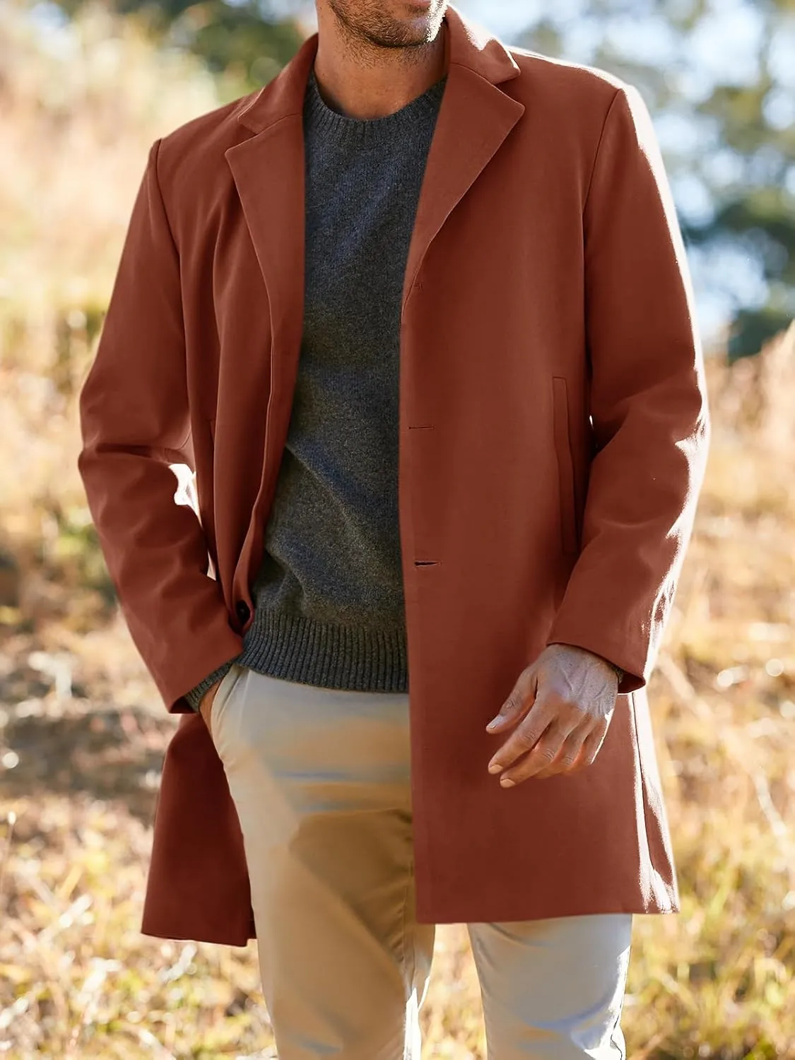Gafeng Men's Trench Coat Slim Fit Notch Lapel Single Breasted Top Coat Winter Warm Cotton Business Long Jacket Overcoat