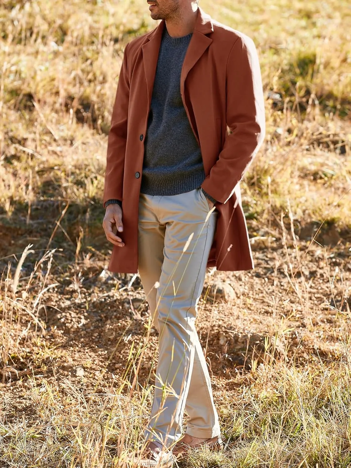 Gafeng Men's Trench Coat Slim Fit Notch Lapel Single Breasted Top Coat Winter Warm Cotton Business Long Jacket Overcoat