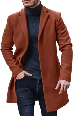Gafeng Men's Trench Coat Slim Fit Notch Lapel Single Breasted Top Coat Winter Warm Cotton Business Long Jacket Overcoat