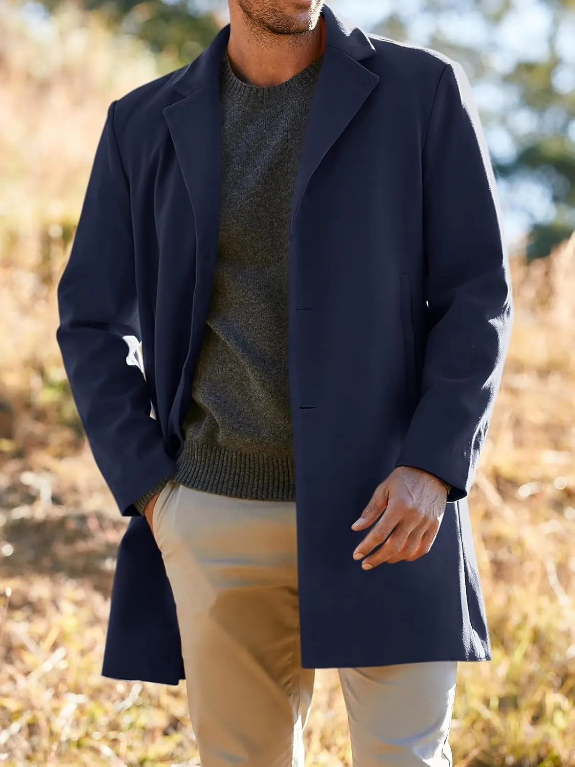 Gafeng Men's Trench Coat Slim Fit Notch Lapel Single Breasted Top Coat Winter Warm Cotton Business Long Jacket Overcoat