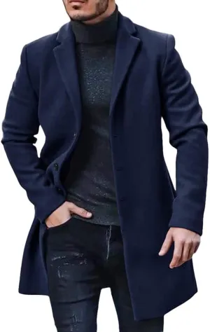 Gafeng Men's Trench Coat Slim Fit Notch Lapel Single Breasted Top Coat Winter Warm Cotton Business Long Jacket Overcoat