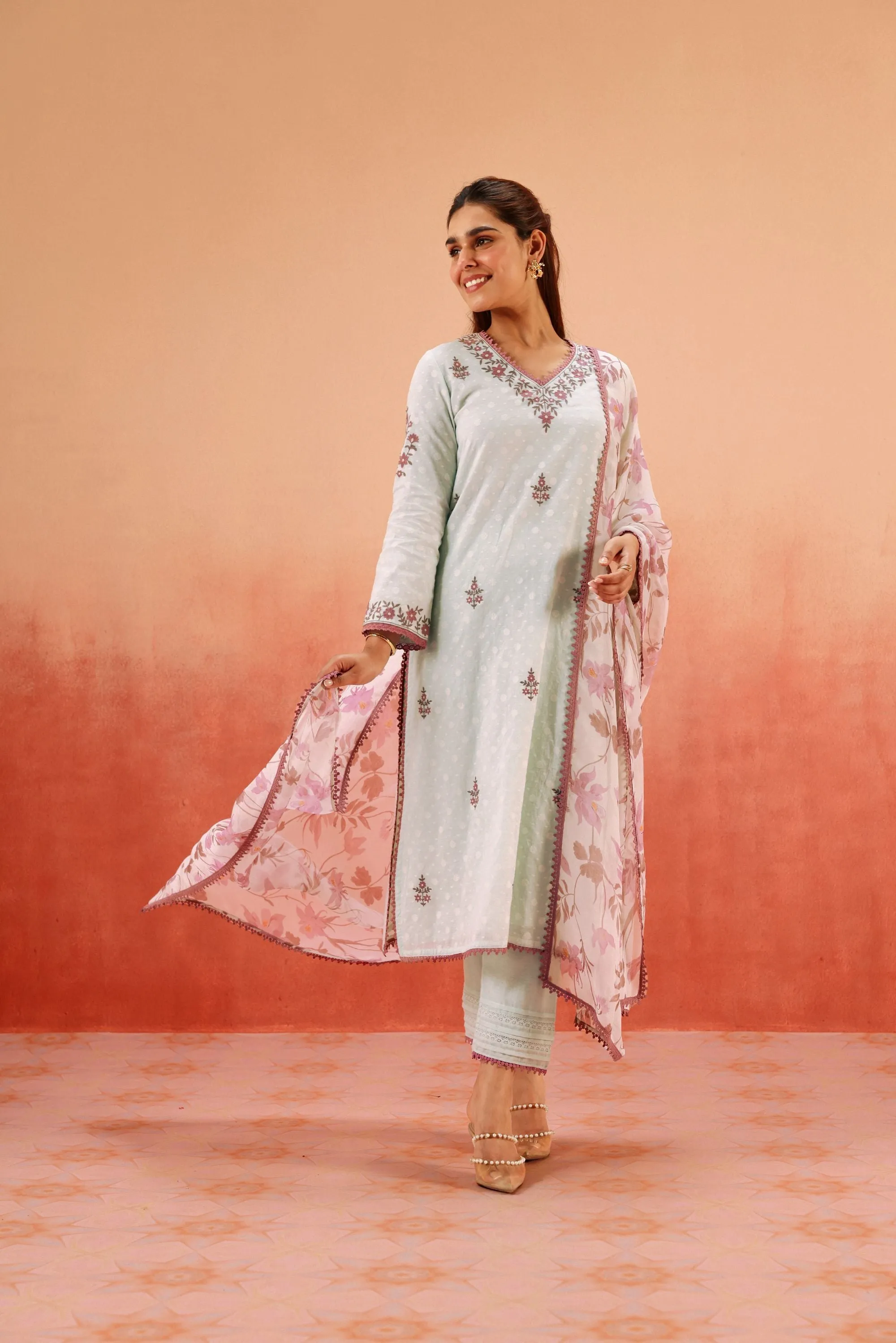 GULBANO BLUE JACQUARD EMBROIDERED KURTA SET