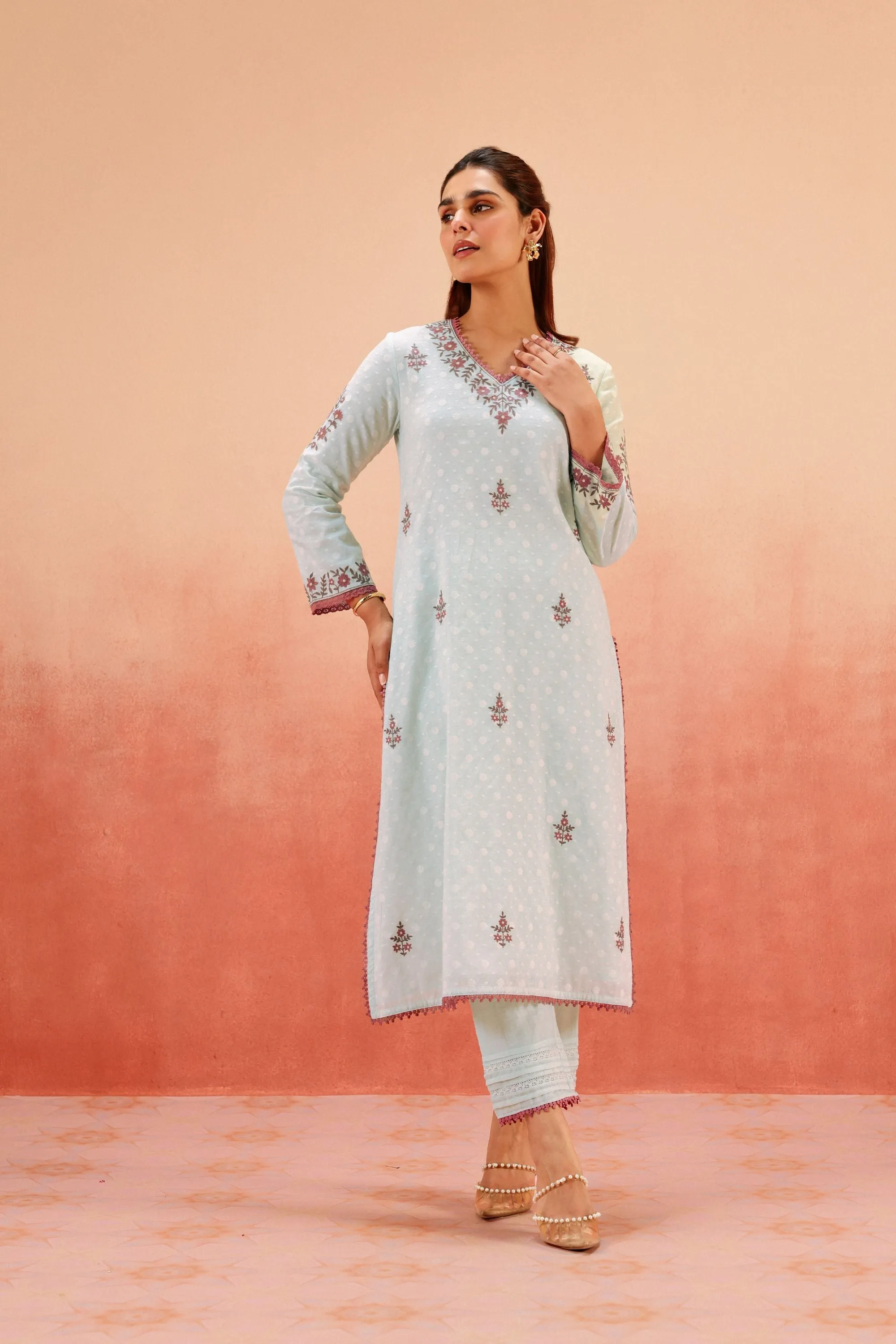GULBANO BLUE JACQUARD EMBROIDERED KURTA SET