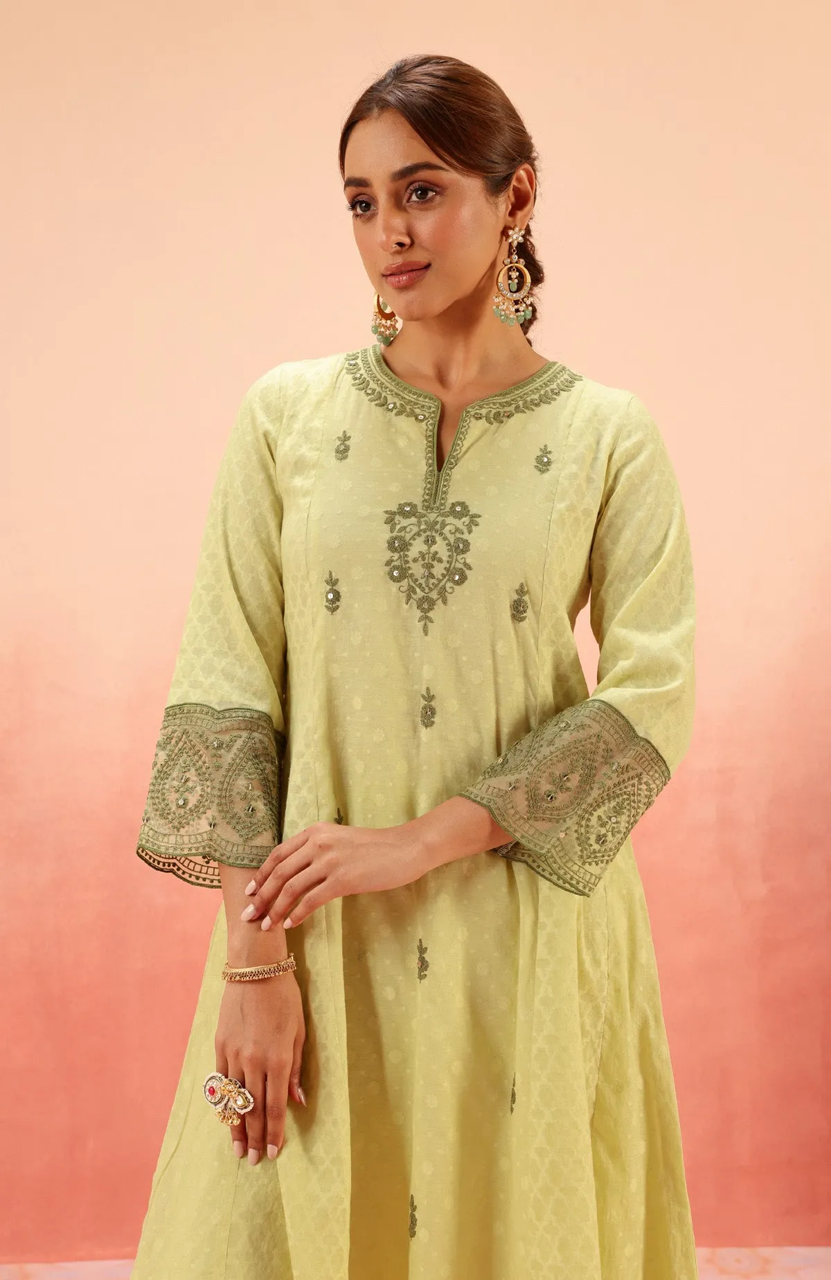 GULNAAR GREEN JACQUARD EMBROIDERED KURTA SET
