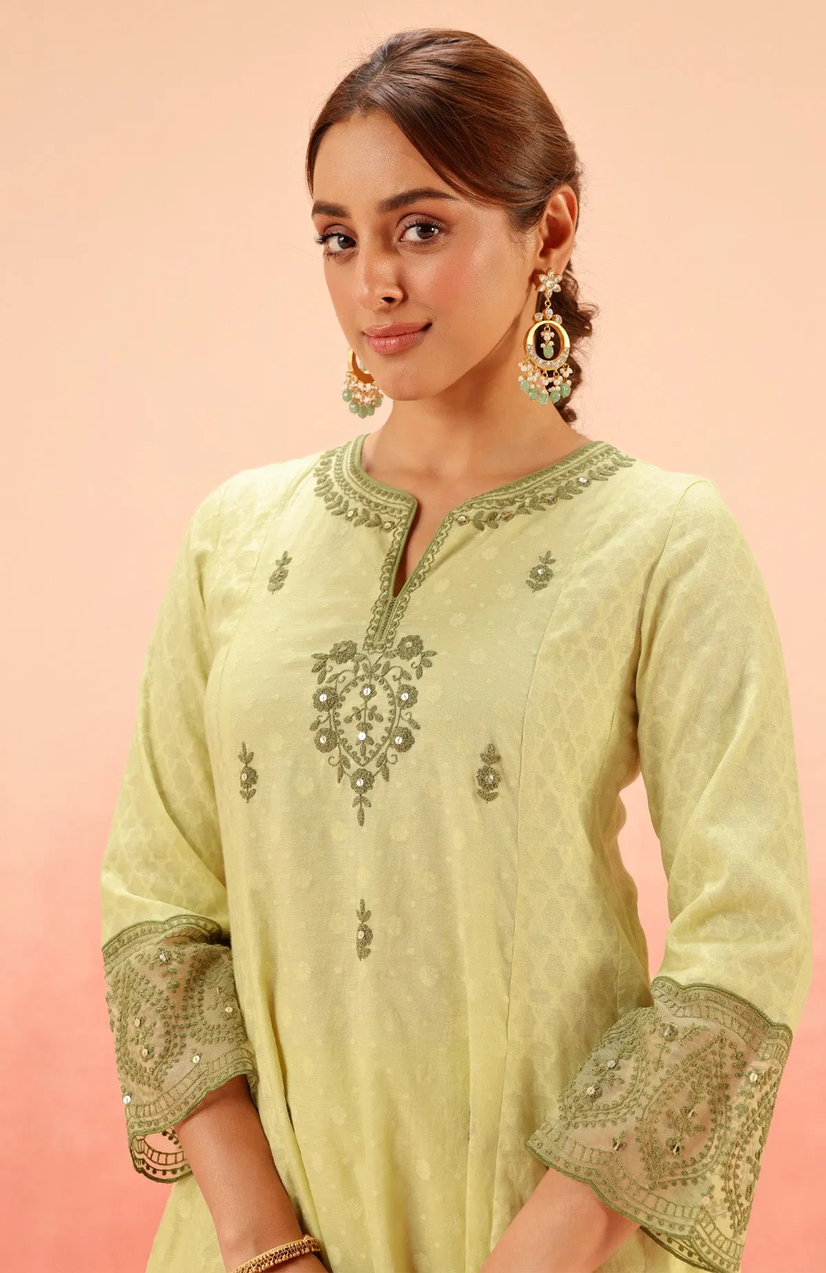 GULNAAR GREEN JACQUARD EMBROIDERED KURTA SET
