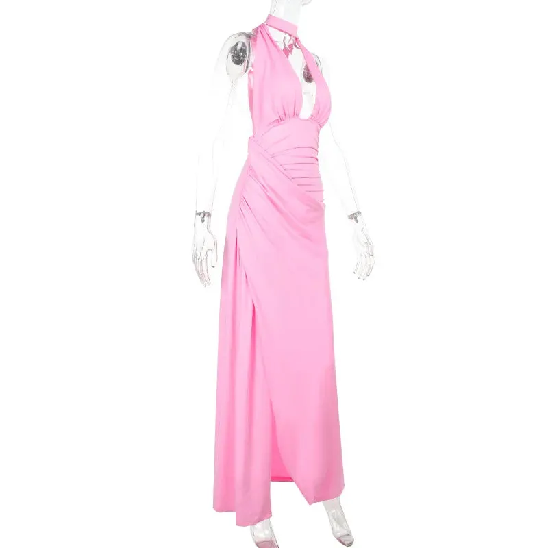 Halter Drape Deep Neck Slit  Long Dress