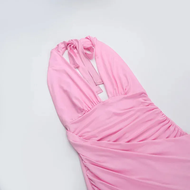 Halter Drape Deep Neck Slit  Long Dress