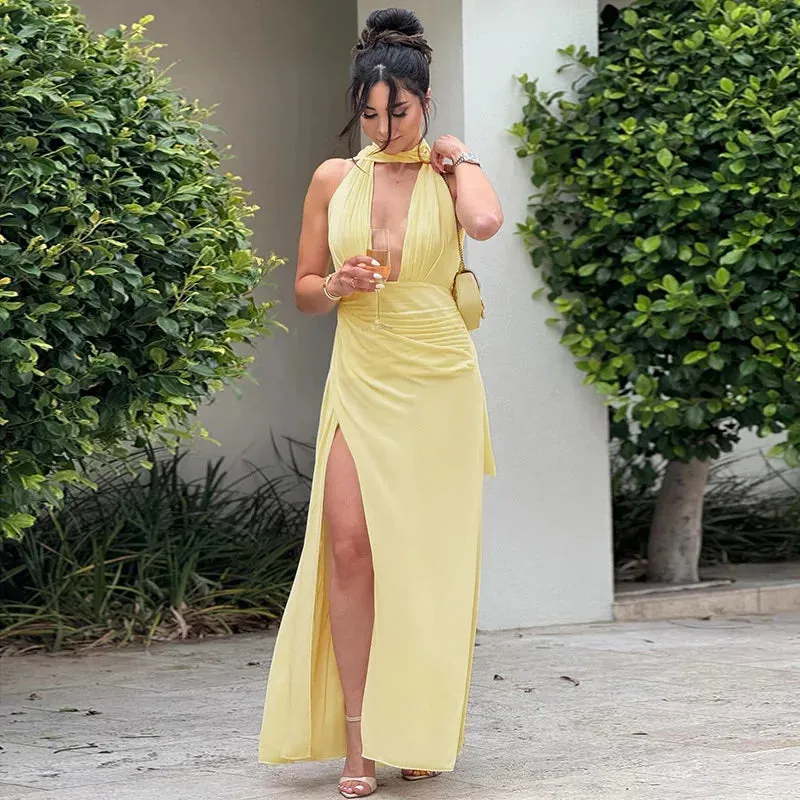 Halter Drape Deep Neck Slit  Long Dress