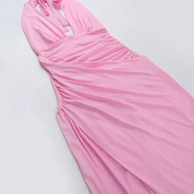 Halter Drape Deep Neck Slit  Long Dress