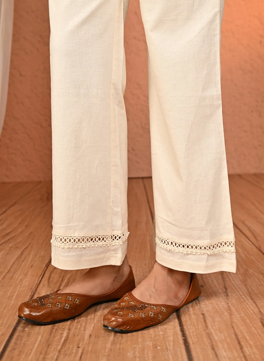 Haya Salmon Ivory Cotton Linen Classic Fit Pants for Women