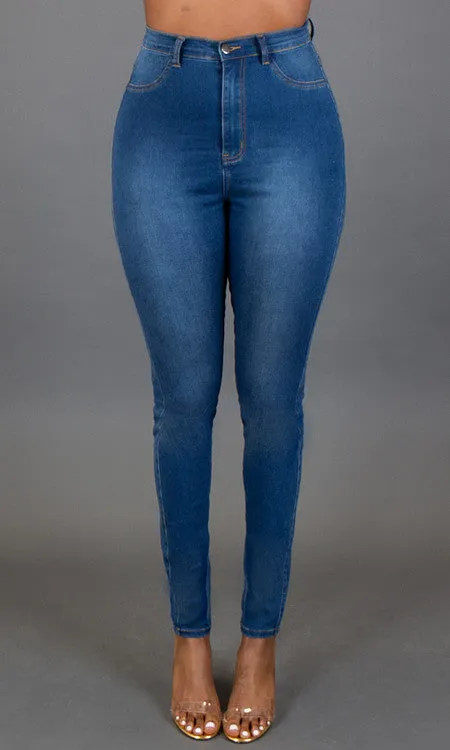 High Waist Skinny Jeans - Medium Blue