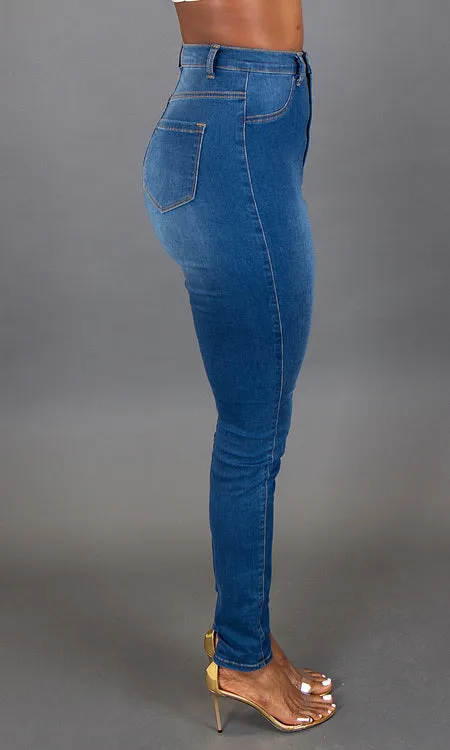 High Waist Skinny Jeans - Medium Blue