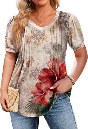 IN'VOLAND Plus Size Tops for Women Summer Puff Short Sleeve Tunic Pleated V Neck Shirts Casual Floral Solid Blouse